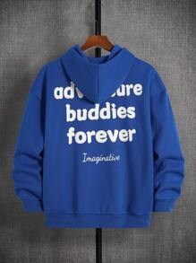 SHEIN Teen Boys' Blue Contrast Letter Graphic Hoodie, Casual Sporty Comfortable Versatile Soft Fabric Suitable For School, Travel, Outdoor Activities, All Seasons