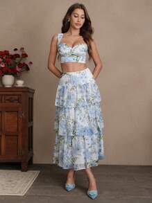 SHEIN Unity Trang phục dự tiệc cocktail theo phong cách nghỉ dưỡng bãi biển mùa hè gồm áo yếm xếp ly thêu hoa kỹ thuật số màu xanh lam phía trước và phía sau, kết hợp với chân váy xếp tầng - Bộ 2 món - Màu xanh lam - Xem 3