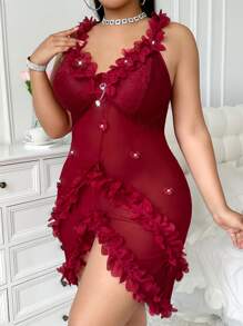 Napfluff CURVE Napfluff CURVE Plus Size Sexy Ruffled Pearl Flower Pendant Lace Splice Nightgown - Burgundy - View 5
