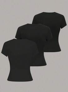 Calvaya 3件套加大码女式简约休闲纯色圆领短款T恤