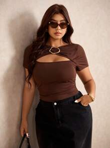 Elaquor Áo thun nữ cỡ lớn, màu cà phê, dễ phối đồ, khóa kim loại đa năng, mùa hè - Cà phê nâu - Xem 7