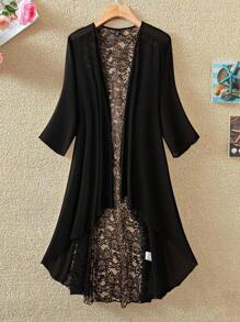 EMERY ROSE Women's Plus Size Simple Chiffon Jacket With Lace Back Vacation Fall Winter Cloth For Women Autumn - Black - View 6