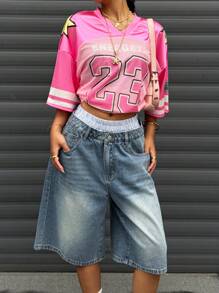 SHEIN Nastolatki Dziewczęta Niebieskie I Białe Paski Podwójny Pas Spliced Pas Projekt Niebieskie Dżinsy Luźne Szorty, Wiosna I Lato Swobodne Wakacje Wiejski Boho Noszenie