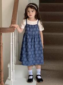 DAZY Rochie din denim texturat, stil coreean, spălată, pentru fete (mică)