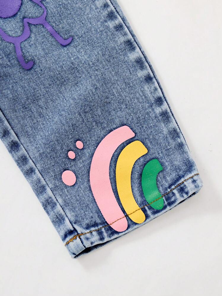 SHEIN بناطيل جينز منسحل بطبعات زهرية للفتيات الصغيرات، بتصميم واسع - أزرق متوسط - مشاهدة 6