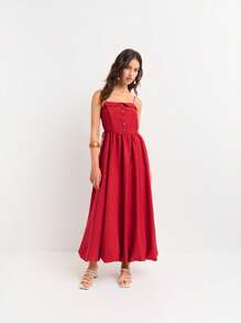 Nöista 红色中长连衣裙，双细肩带，前襟纽扣，腰部和泡泡下摆可调节。柔美的A字廓形，质地柔软。非常适合7月4日独立日、海滩度假、骄傲游行、露肩造型和夏季机场造型。 - 紅色 - 查看 4