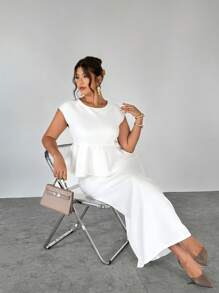 Firerie Plus Size New Elegant Minimalist Women Daily Commute Outfit, Round Neck Dolman Sleeve Ruffle Trim Blouse And Straight Skirt, White 2 Pieces Set