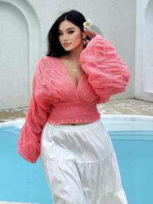 Flirla 大码V领褶皱泡泡袖衬衫，优雅性感 - 西瓜粉 - 查看 4