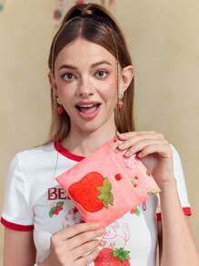 Strawberry Shortcake X SHEIN Sac fourre-tout pliable de shopping à bloc de couleurs avec personnage de dessin animé mignon et impression de fraise, et joli porte-monnaie