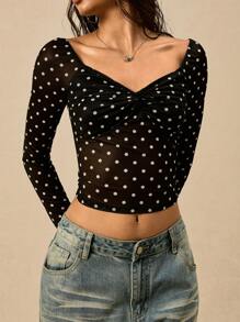 Easelle Women's Spring And Summer Sexy Hot Girl Fashion Casual Retro Modern Black And White Polka Dot Pattern Mesh See-Through Chest Twisted Sweetheart Neck T-Shirt - Black - View 5