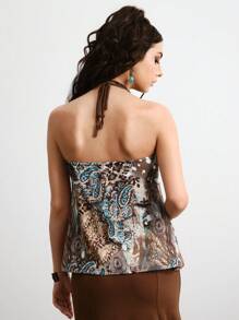 ROMWE Hippie Women's Summer Sleeveless Halter Neck Leopard Print Ruffle Hem Tank Top - Multicolor - View 4