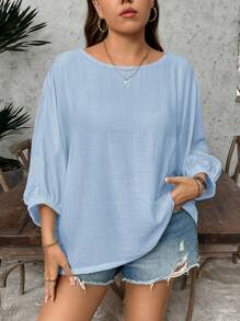 SHEIN LUNE Plus Size Casual Textured Flowy Blouse, Summer Mother's Day Church Baby Blue Top, Light Blue Top Summer Tops - Baby Blue - View 5