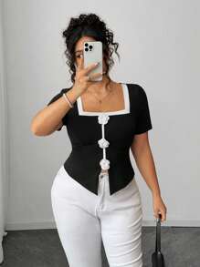 Elenzga 加大码法式花卉装饰针织圆领修身T恤 - 黑與白 - 查看 4