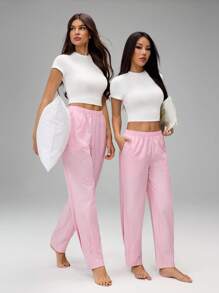 SHEIN PETITE Pantalones de pierna ancha plisados de cintura alta, estilo elegante casual para ir al trabajo, versátiles, de lujo ligero, estilo Old Money, para mujer pequeña, primavera y verano - Blanco - Ver 8