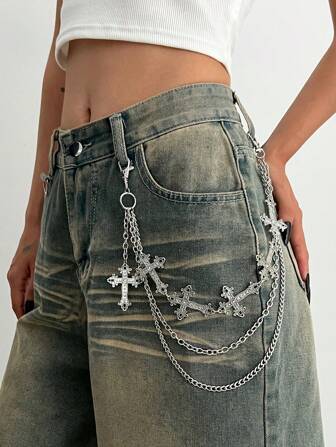 Fairycore 1pc Punk Style Cross Chain Waist Belt, Multi-Layer Iron Alloy Chain Body Chain, Women Personalized Charm Pants Chain, For Pants Decoration, Casual, Music Festival, Party Accessory