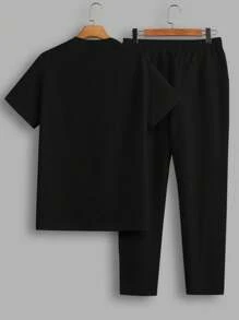 Manfinity VCAY 2 pezzi di maglietta a maniche corte con stampa di lettere a collo tondo a maglia e vestibilità regolare per uomo, pantaloni casual dritti o joggers con vita media adatti all'uso quotidiano, primavera ed estate