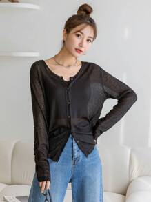 DAZY Camisa de mujer de manga larga con botones delanteros de unicolor, estilo casual y de negocios, ropa de mujer para otoño - Negro - Ver 3