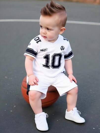 SHEIN Playful Pals 2 Packs Baby Boy Infant Baby 0-3 Years Old Spring Summer Casual Sports Football Basketball Soccer Jersey Style V-Neck Mesh Fabric Top & Shorts 2 Pieces Outfit, Unisex Sports Set