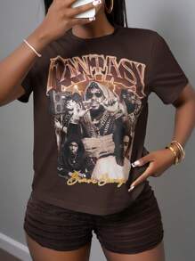 Slaydiva 2025新款春夏休闲街头圆领短袖印花图案宽松女款加大T恤+纹理面料迷你短裤 复活节 音乐节 日常出游 派对 休闲街头-大码短裤套装 大码两件短裤套装 女款短裤套装 棕色短裤套装 两件短裤套装