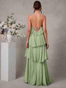 L'Amorae Elegant Romantic Wedding Guest Solid Halter Tiered Chiffon Maxi Dress - Green - View 2