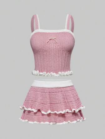 Conjunto de camisola de punto y falda con ribete de contraste para mujer