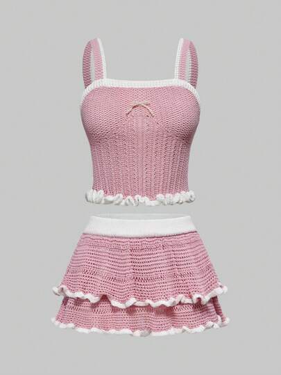 Ensemble débardeur tricoté et jupe avec bordure contrastante pour femmes