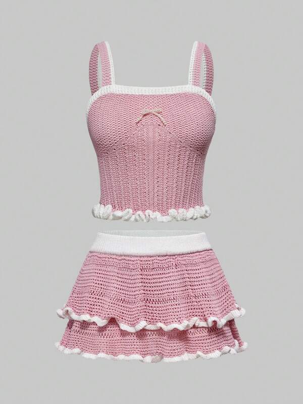 ROMWE Women's Contrast Trim Knitted Camisole And Skirt Set