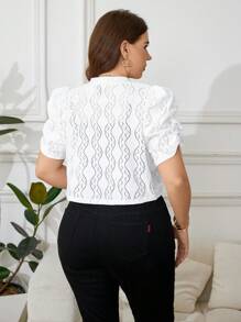 Reflora Plus Size Women Jacquard Short Sleeve Lightweight Jacket, White Shrug, White Bolero, White Cropped Shrug, White Lace Shrug, Teacher, Business Casual Woman, Office, Airport, Classy, Going Out, Streetwear Women, Old Money, Basic Top, Airport, Airport, Korean Style, Airport, Fall Winter Autumn Valentine's Day - White - View 2