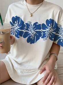 INAWLY Women's Dropped Shoulder Casual Lotus Flower Summer Dress, Retro Minimalist Resort Style, Vacation, Beach, Street Fashion - White - View 1