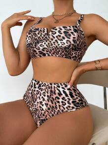 SHEIN 2pcs/Set Summer New Fashion Leopard Print Backless Crop Top And Bikini Bottom Beach Swimwear Set - Multicolor - View 5