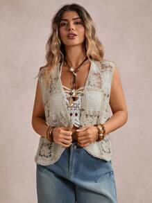 SHEIN VCAY Áo len dệt kim khoét lỗ màu trơn cỡ lớn dành cho nữ, áo mùa hè, áo ren đi biển, áo len cardigan thường ngày cho nữ vào mùa thu/đông - Màu be - Xem 6