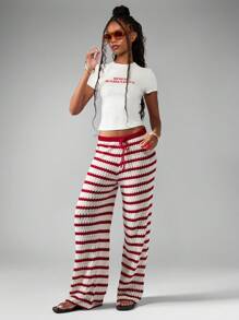 MISSGUIDED 阔腿钩针编织裤 条纹休闲裤 度假休闲裤 沙滩装 抽绳腰带 波西米亚风 圣诞节 - 紅色 - 查看 3