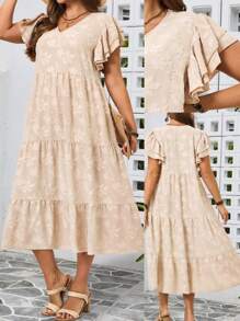 大码短袖连衣裙，时尚夏装 - 杏色 - 查看 1