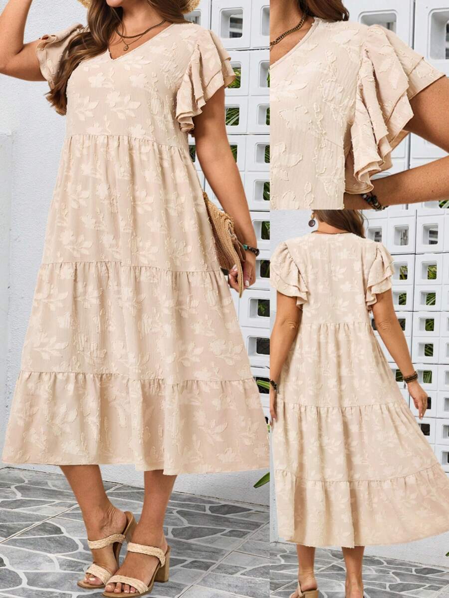 大码短袖连衣裙，时尚夏装 - 杏色 - 查看 1