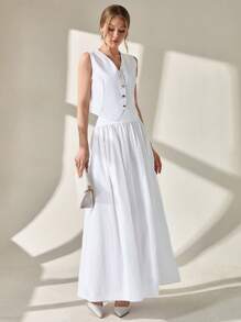 CLARA VERO Set de 2 piezas, top de chaleco con botones delanteros y falda larga de corte evasé, estilo elegante y casual para mujer