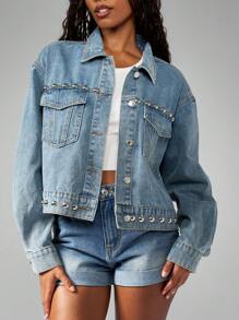 MISSGUIDED 西部波西米亚风牛仔夹克银色铆钉短款卡车司机风格超大秋冬节日时尚宣言外套 - 中等水洗藍 - 查看 6