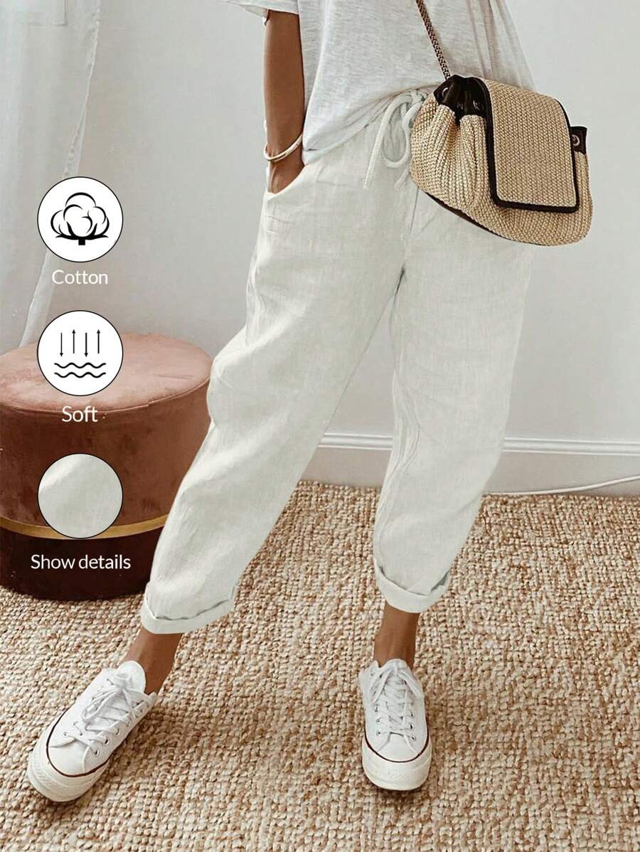 Calvaya Women's Drawstring Waist Simple And Casual Pants With Slanted Pockets - White - View 1