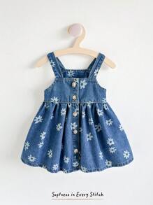 Cozy Pixies 女婴花卉图案无袖高腰牛仔连衣裙 - 藍色 - 查看 5