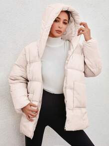 RueChic Zip Up Hooded Puffer Coat - White - View 3