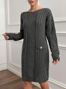 EURMUSE Women Solid Color Cable Knit Pattern Button Detailed Round Neck Mini Sweater Dress,Winter Dresses - Grey - View 3