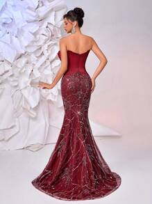 Glamrae Elegante y lujoso vestido de bola satinado, fruncido y con cola de pez con cuentas y lentejuelas, adecuado para bodas, fiestas, vacaciones, galas y eventos formales (resistente)