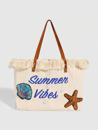 Fairycore 1pc Beach Style Shell & Starfish Decor Women Tote Bag, Large Capacity Summer Letter Print Tassel Travel Vacation Handbag