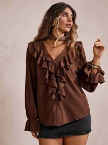 Freevana Bluzka z falbaniastym wykończeniem w dużym rozmiarze, prosta, modna, na co dzień