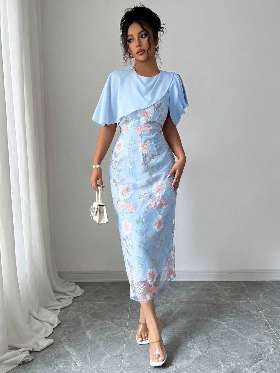 Elenzga Women's Elegant Floral Embroidery Long Dress, Summer