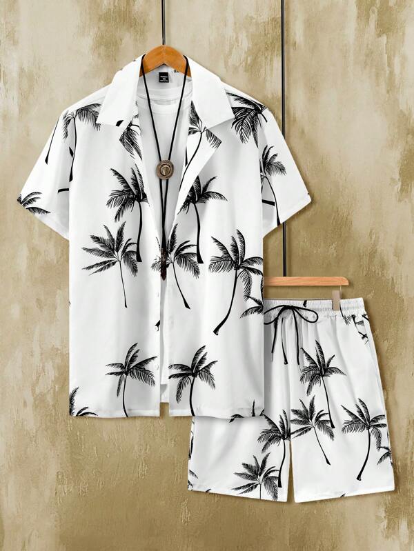 Manfinity RSRT Plus Size Heren Palmboom Print Korte Mouw Shirt & Shorts Set, Casual Vakantiekleding