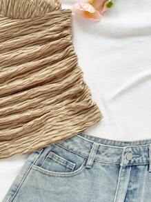 Soleia Women's Resort Ivory Knitted Texture V-Neck Adjustable Strap Fitted Ruched Back Tank Top, Suitable For Party, Date, Afternoon Tea, And Beach Vacation Ruched Top Tan Tops Women Light Brown Top Coffee Brown Top Earthy Tops