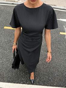 Siren Gaze New Commuter Striped Dress For Women, Waisted A-Line Casual Commuter Wear, Elegant And Exquisite Commuter Long Skirt, Old Money Style Wear,Stockholm Style ,Fall Women Clothes Party Black Summer - Black - View 3