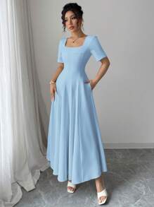 Elenzga 女士优雅简约工作服/休闲连衣裙，精致法式风格，修身多缝线和口袋，短袖，适合通勤、办公室、商务、度假、下午茶