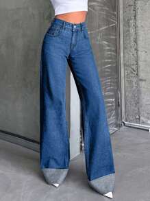 SHEIN Tall HIGH WAIST100%Cotton Rolled Up Wide Leg Jeans - Light Wash - View 4