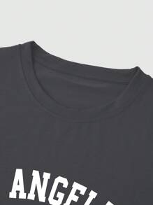 Manfinity Homme 男士休闲美国国旗和字母印花短袖 T 恤，夏季 - 深灰色 - 查看 4